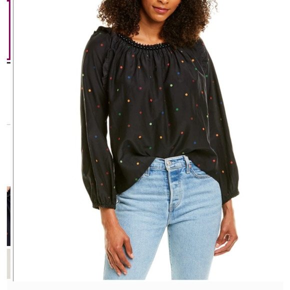 FARM‎ Rio Black Dots Blouse size XS with beaded neckline Cotton Silk Blend - Picture 1 of 10